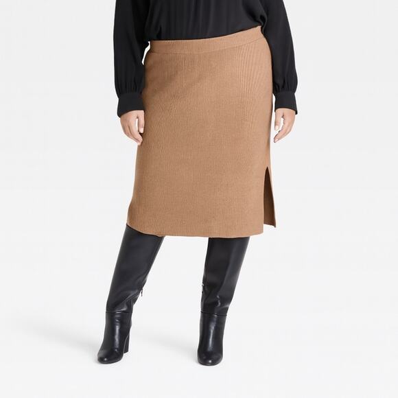 Ava & Viv Plus Size Ribbed Knit Midi Skirt 3X Neutral Beige - Picture 1 of 6